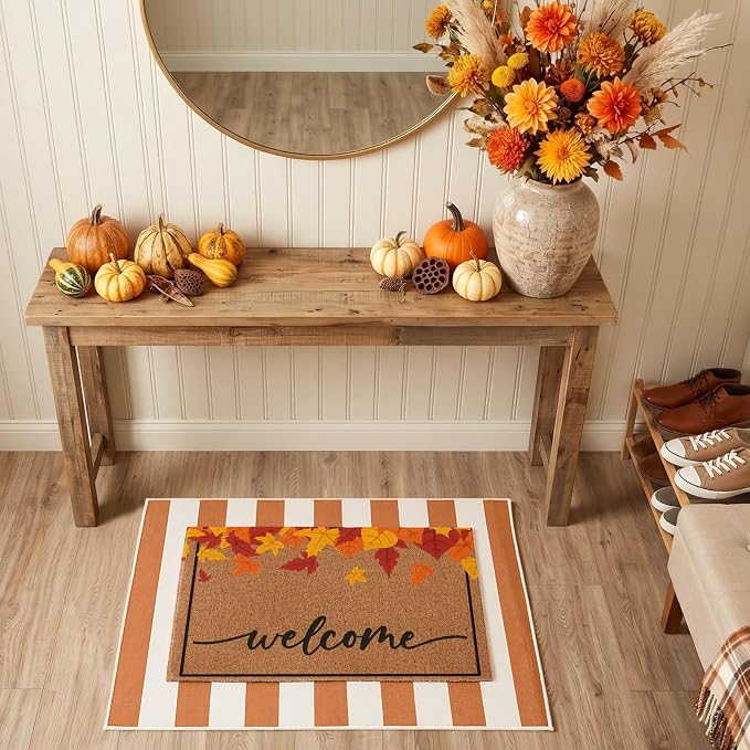 2 Pcs Fall Maple Leaves Welcome Doormats Autumn Outdoor Rug Striped Layering Porch Mats Non Slip Thanksgiving Entryway Shoe Scraper Washable Front Door Carpet Farmhouse Decorations 24x32 Inch