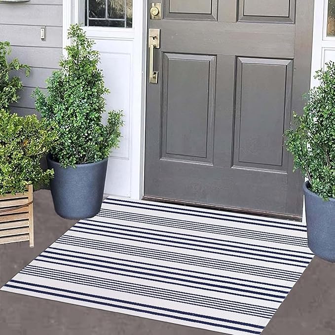 Blue and White Striped Outdoor Rug 24'' x 35'' Door Mat Outdoor Machine Washable Welcome Mats Cotton Hand-Woven Entryway Rug for Front Porch/Entryway/Laundry/Bathroom/Bedroom
