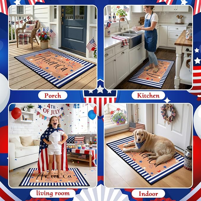 2 Pcs God Bless America Door Mats, 4th of July Patriotic Welcome Mat Non-Slip Coir Doormat with Blue White Stripes, Layered Rug for America 250th Anniversary, Front Porch Entryway Decor