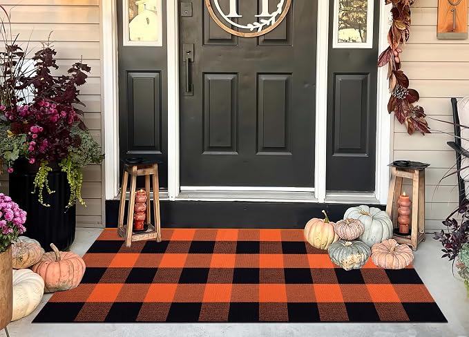 Orange and Black Outdoor Rug 24''x51''Fall Front Porch Rug Cotton Woven Washable Checkered Door Mat Outdoor for Layered Doormat Halloween Kitchen Farmhouse Entryway
