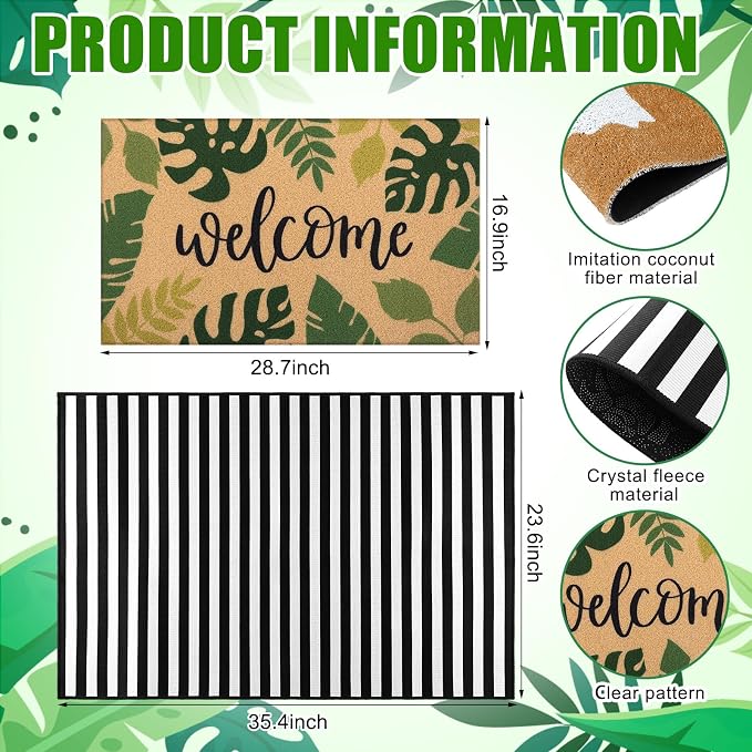Tinideya 2 Pcs Summer Palm Leaf Door Mat Tropical Leaves Welcome Non Slip Coir Mats Rainforest Floor Layering Doormats Seasonal for Front Porch Entryway Decor(Tropical Leaves)