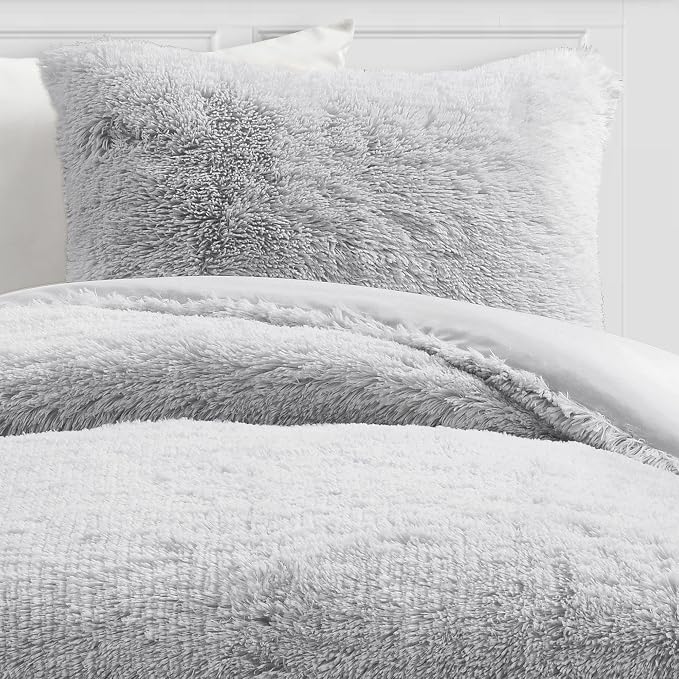 Lush Decor Emma Soft Fluffy Faux Fur Kids College Dorm Oversized Comforter Set, Twin-XL, Light Gray - Warm Plush 2 Piece Bedding Set