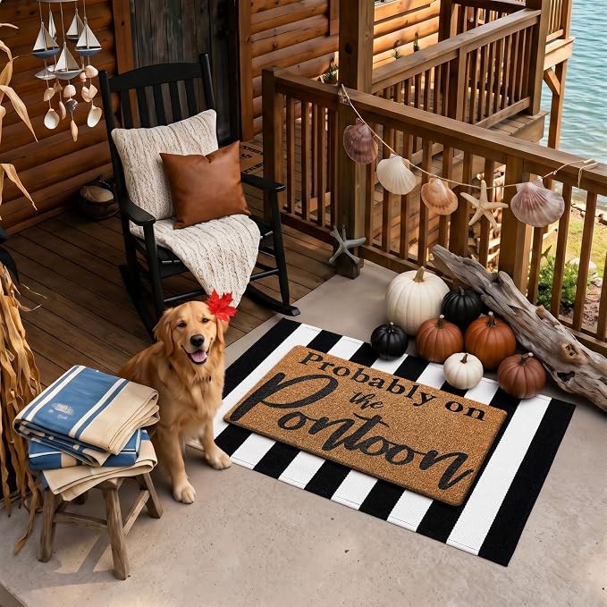 Moucuny 2 Pcs Probably on The Pontoon Coir Doormat Set 16'' x 28 '' Lake House Welcome Mats 24'' x 35'' Black White Striped Layered Rugs for Pontoon Boat Front Door Porch Entryway Decor