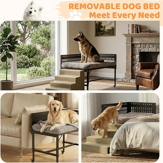 Beside Dog Bed,2 Panels Adjustable Height Dog Bunk Beds,41.3”x27.5” Metal Frame & Cushion, Converts to Bunk Bed or Bed Extension Attachment for Human Bed, for Large Dogs