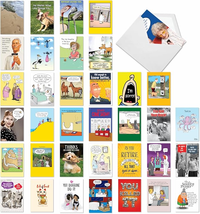 NobleWorks - 36 Assorted Funny Mixed Occasions Cards Box Set with Envelopes - Humor Get Well, Blank Bulk Greeting Card Variety Pack (36 Designs, 1 Each) - Mixed Messages AC9145XXG-B1x36