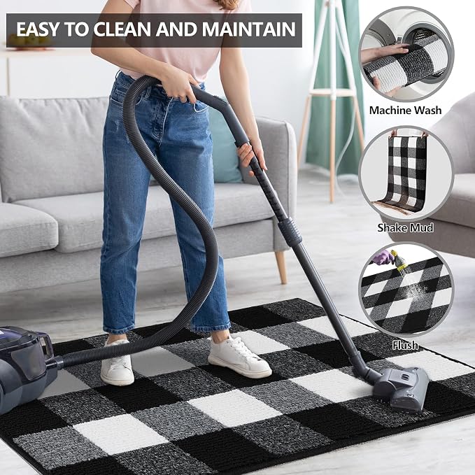 FONEYI Buffalo Plaid Outdoor Rug for Front Door Mats, 20" x 32" Black and White Checkered Layered Door Mat with Non Slip Backing, Washable Entryway Rug for Porch, Front Porch and Farmhouse Decor