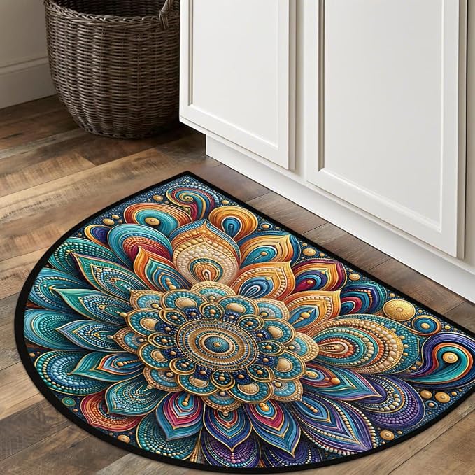 Mandala Half Round Door Mat Semi Moon Rug Fireplace Carpet Area Rugs | Gold Elegant Non Slip Absorbent Half Circle Mat Carpet for Indoor Outdoor Patio Kitchen Bathroom Entryway Home Decor