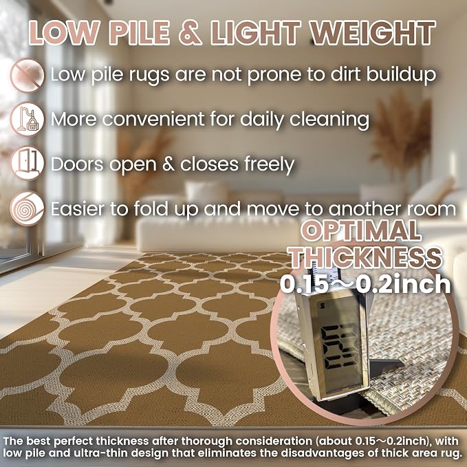 Washable 3x5 Moroccan Trellis Easy Jute Rug, Khaki Neutral Boho Outdoor Indoor Patio Small Area Rugs, Woven Ultra Thin Non Slip Carpet Door Mat for Entryway Front Door Porch Backyard Kids Playroom