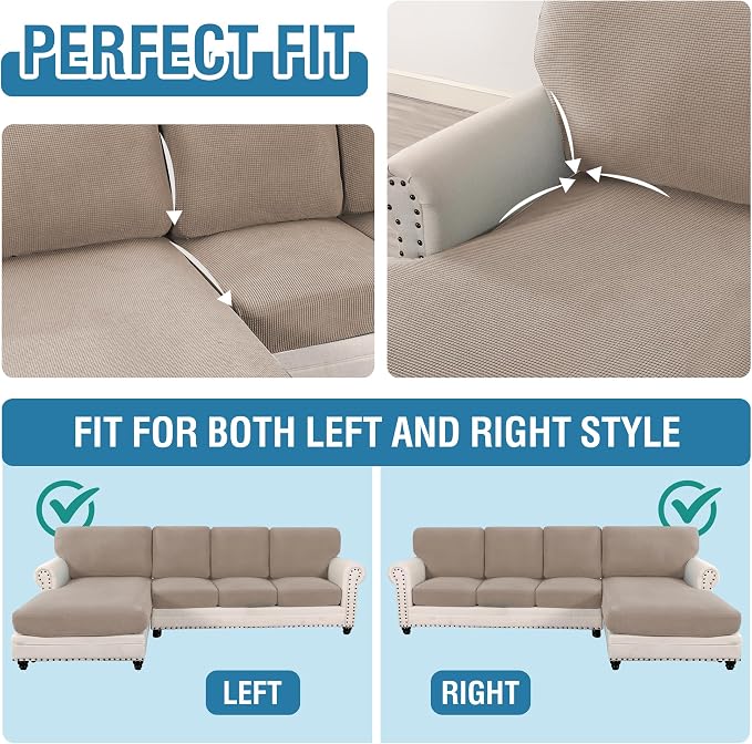 H.VERSAILTEX Sectional Couch Covers 8 Pieces Stretch Sofa Covers for Sectional Sofa Set Separate L Shaped Couch Cover for Both Left/Right Couch (Seat and Back: 1 Chaise + 3 Sofa, Sand)