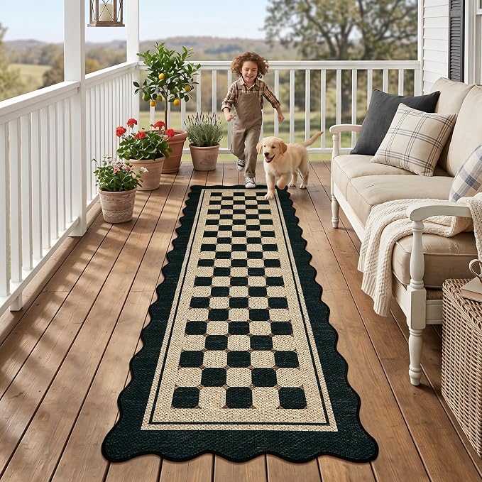 Garvee Easy Jute Scalloped Runner Rug, 2x6 Washable Rugs Runner for Hallway Non-Slip Boho Farmhouse Long Kitchen Rug, Modern Checkered Indoor Outdoor Carpet for Porch Laundry Entryway 2'x6'