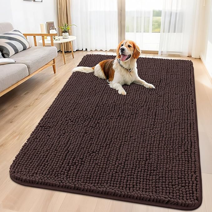 Smiry Dog Door Mat for Muddy Paws 59x35, Absorbent Dirt Trapper, Non-Slip Washable Chenille Entryway Rug for Inside Floor, Brown, Classic Solid