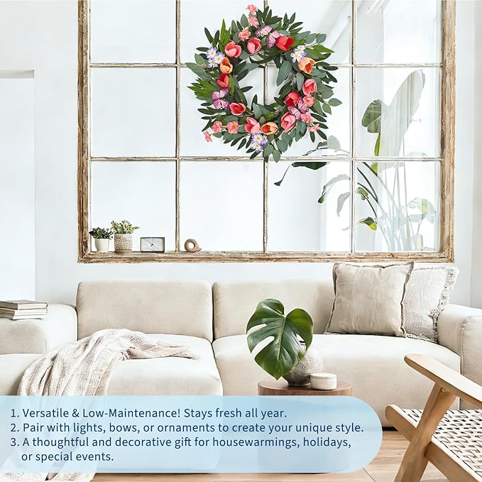 Garvee Spring Wreaths for Front Door, 20 Inch Tulip Wreath | with Colorful Blooms, Eucalyptus Leaves and Butterflies, for Summer Indoor Outdoor Farmhouse Porch Wall Wedding Decor