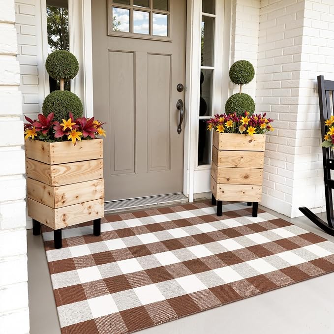 Buffalo Plaid Checkered Rug Fall Washable Outdoor Rug 3'x5' Front Door Mat | Small Porch Rug Carpet Cotton Door Mat Outside Entrance Autumn Layered Doormats for Patio Farmhouse Entryway Kitchen Foyer