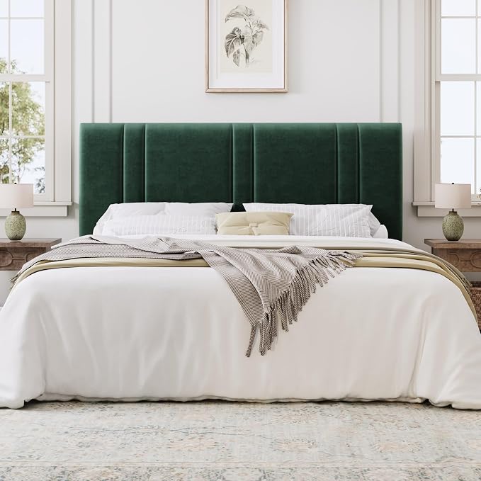 SHA CERLIN California King Bed Frame, Velvet Upholstered Bed with Adjustable Headboard, Vertical Channel Tufted Design, Sturdy Wood Slat Support, No Box Spring Needed, Easy Assembly, Green