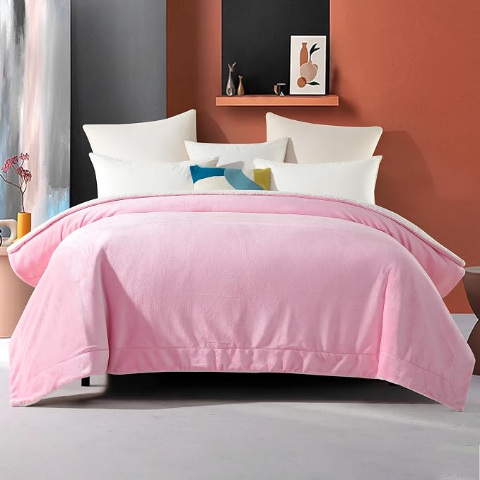Elegant Comfort Ultra Soft Reversible Flannel Sherpa Blanket - Cozy Silky Fleece Throw for Couch, Bed - Plush Fuzzy Warm Winter Blanket for Gift, Twin XL, Light Pink