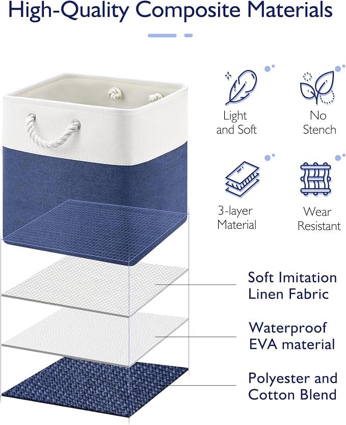 Patvingot 13-Inch Fabric Cube Storage Bins with Handles,4 Pack,Foldable | For cube shelves and closets,keeps grouped for everyday access,reinforced opening and fold-flat storage,white and blue