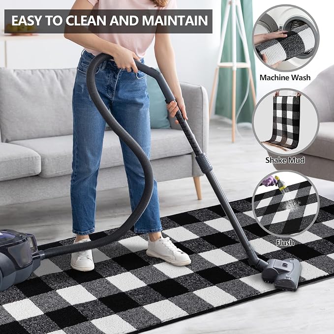 FONEYI Buffalo Plaid Outdoor Rug for Front Door Mats, 4'x6' Black and White Checkered Layered Door Mat with Non Slip Backing, Washable Entryway Rug for Porch, Front Porch and Farmhouse Decor