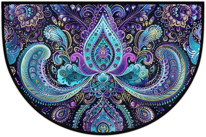 Paisley Half Round Doormat Non-Slip Semi Circle Rug Half Moon Mat | Trippy Blue Abstract Washable Soft Absorbent Indoor Outdoor Entrance Kitchen Bathroom Sink Patio Welcome Fireplace Floor Rug