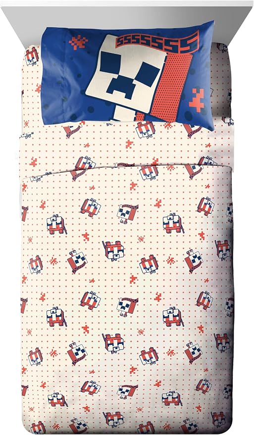 Minecraft Creeper Twin Comforter Set 5 Piece Soft Kids Bedding, Blue | Oishi Market, Bed in a Bag, Comforter Sheets Sham Pillowcase, Official Product, Soft Microfiber, Machine Washable, Kids Gift