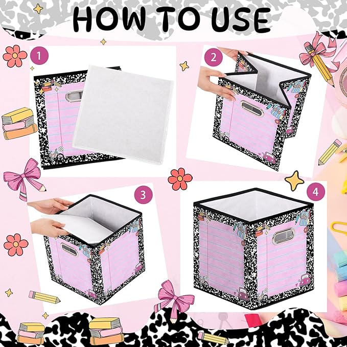 Gerrii 6 Pack 11 Inch Composition Notebook Fabric Classroom Storage Bins Pastel Foldable Cube Storage Bins Organizing Baskets with Handles for Back to School Daycare Elementary Preschool Decor