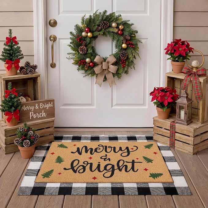 Tinideya 2 Pcs Door Mat Welcome Non Slip Coir Mats Floor Layering Doormats Seasonal for Front Porch Entryway Decor(Rustic Christmas)