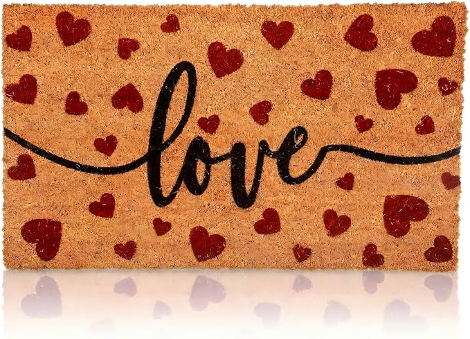 Ceenna Valentine's Day Doormat Outdoor Valentine's Coir Doormat with Non-Slip Backing Red Heart Love Valentines Day Outdoor Mat Front Porch Rugs for Home Entrance, 16 x 28 Inches