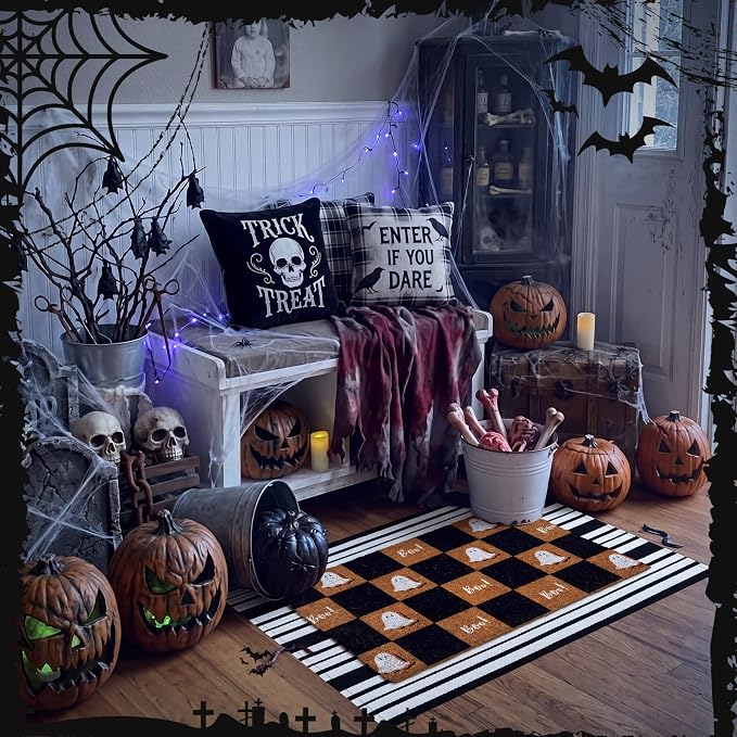 Moucuny 2 Pcs Halloween Coir Doormat Outdoor Boo Ghost Coir Plaid Welcome Mat Layered Black White Striped Outdoor Rugs for Halloween Front Door Porch Porch Entryway Decor,24'' X 35'',16'' X 28''