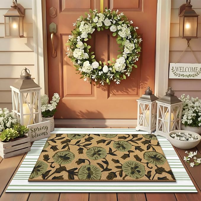 Tinideya 2 Pcs Floral Door Mat Flower Welcome Non Slip Coir Mats Floor Layering Green and White Stripe Summer Doormats Seasonal for Front Porch Entryway Decor(Floral)