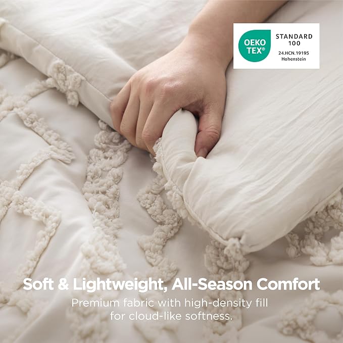 Bedsure Tufted Boho Comforter Set Twin Size - Ivory Boho Bed Set, GentleSoft™ 2 Pieces Farmhouse-Style Embroidery Bedding, Gifts for Woman, Soft Jacquard Twin Comforter for All Seasons