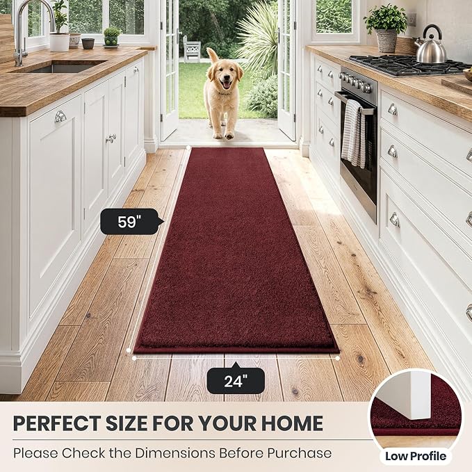 PURRUGS Dirt Trapping Door Mat 24" x 59", Non-Slip Machine Washable Entryway Rug, Dog Doormat, Indoor Front Door Mat, Super Absorbent Entry Rug for Muddy Shoes & Paws, Burgundy Red