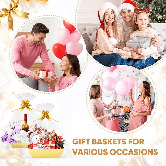 20PACK Gold Baskets for Gifts Empty, 12x10x4” Thick Cardboard Gift Basket Kit with 20 Bows & 20 Bags - Kraft Empty Gift Baskets for Christmas, Weddings, Birthdays, Bulk Gifting