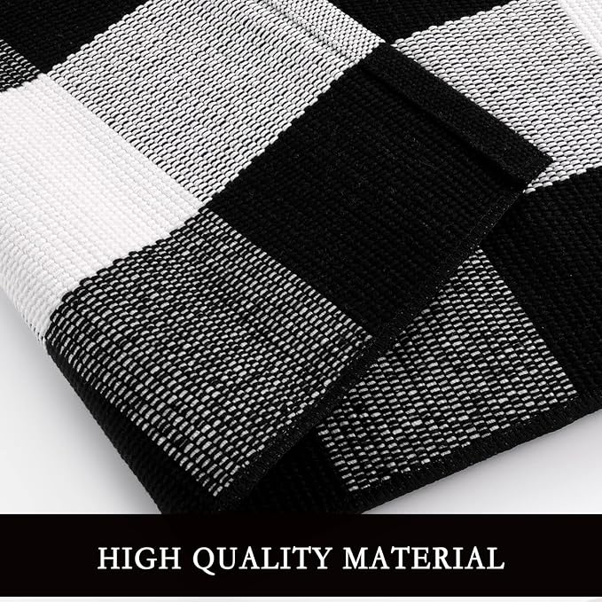 Buffalo Plaid Outdoor Rug 4'x6' Washable Black White Checkered Rug Indoor Outdoor Carpet Woven Cotton Door Mat for Front Porch, Kitchen, Bathroom, Entry Way, Living Room