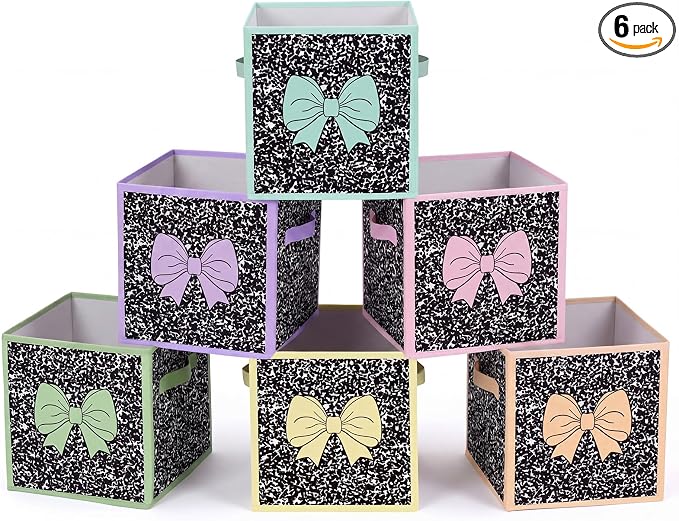 Kathfly 6 Pcs 11" Composition Notebook Fabric Classroom Storage Bins Pastel Bow Cubby Bins Storage Baskets with Handles for School Classroom Lost and Found Prize Office Home Organizer Supplies