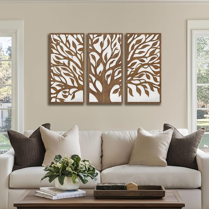 Madison Park Wall Décor for Living Room - Birch Botanical Two-Tone, Home Accent Modern Kitchen Dining Decoration, Ready to Hang 3-Piece Wood Panel Set for Bedroom, 16"W x 32"H, Tree of Life