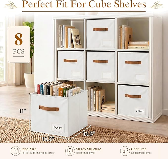 Storage Cubes 8 Pack, 11 Inch Fabric Storage Cubes Organizer Bins with Labels, Odor-Free & Sturdy PP Structure, Cubby Baskets for Closet, Shelves, Toys & Nursery (White)