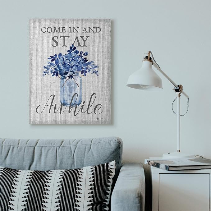 Stupell Industries Stay Awhile Blue Flower Jar Grey Word Design Canvas Wall Art, Multi-Color