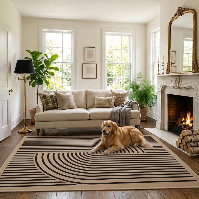 Brown Rug, 3x5, Modern Design, Black Stripes, Contemporary Abstract Farmhouse Style, Non-Slip TPE Backing, Low Pile, Washable Rug, Easy to Clean, Suitable for Living Room, Bedroom and Porch.