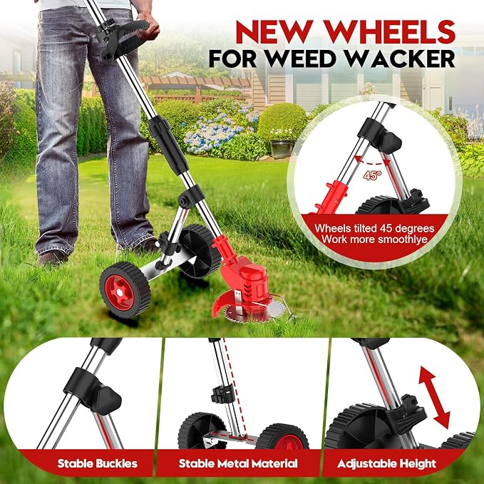 Electric Weed Wacker Cordless with Wheel, 4 in 1 Weed Eater Battery Powered Brush Cutter String Trimmer Edger, 4000mAh Stringless Weed Trimmer Lightweight Grass Trimmer Mower, 2 Battery and Charegr