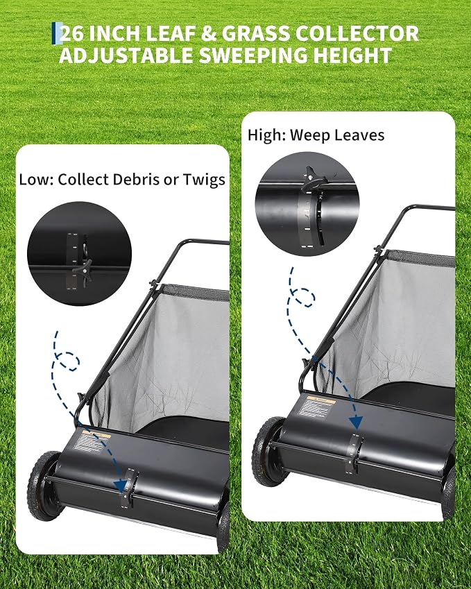 26-Inch Push Lawn Sweeper-Manual Yard Sweeper Walk Behind for Leaves Collector and Grass Clippings,7 Cu. Ft. Hopper Capacity, Height Adjustable, Fast Spinning Brushes