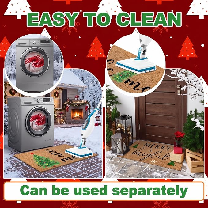 Moucuny 2 Pcs Christmas Doormat Outdoor Christmas Tree Welcome Coir Mat, Red White Plaid Outdoor Rug Non Slip Mats for Entrance Front Porch Decor, 24'' x 35'', 16'' x 28''