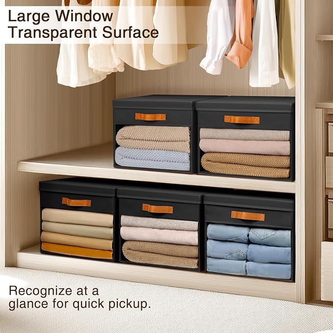 Homsorout Large Storage Bins with Lids - 3 Pack Foldable Decorative Organizers with Clear Windows & Handles, Cube Storage Organizers for Clothes, Blankets, Sweaters, Sheets, Black