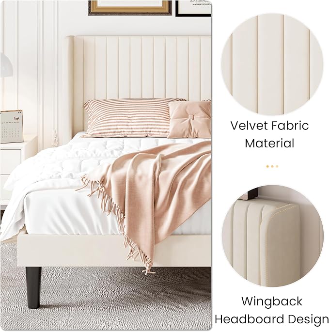 SHA CERLIN Queen Size Velvet Bed Frame, Tufted Wingback Headboard, Cream | 47'' Modern Vertical Channel Headboard, Upholstered Platform Bed, Wood Slats, No Box Spring Needed, Easy Assembly, Noise Free