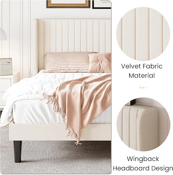 SHA CERLIN Full Size Velvet Bed Frame, Tufted Wingback Headboard, Cream | 47'' Modern Vertical Channel Headboard, Upholstered Platform Bed, Wood Slats, No Box Spring Needed, Easy Assembly, Noise Free