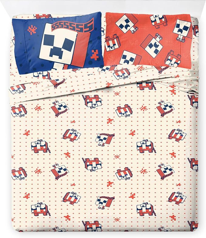 Minecraft Creeper Full Comforter Set 7 Piece Soft Kids Bedding, Blue | Oishi Market, Bed in a Bag, Comforter Sheets Shams Pillowcases, Official Product, Microfiber, Machine Washable, Kids Gift