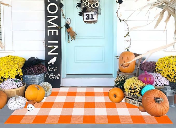 Orange and White Outdoor Rug 24'' x 51'',Halloween Front Porch Rug Fall Cotton Woven Washable Layering Rug for Porch,Entryway,Hallway Indoor Outdoor
