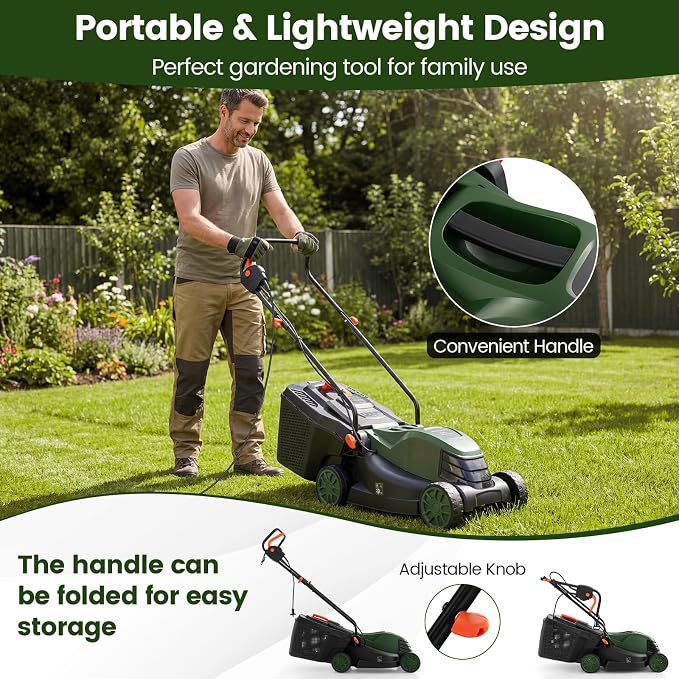DORTALA Lawn Mower, Corded 14" Electric Push Mower, 3-Position Cutting Height Adjustment, 9.3 Gal Grass Collection Box, 12 AMP Motor, 1500W, Lightweight Walk-Behind Mower for Small Medium Yard (Green)
