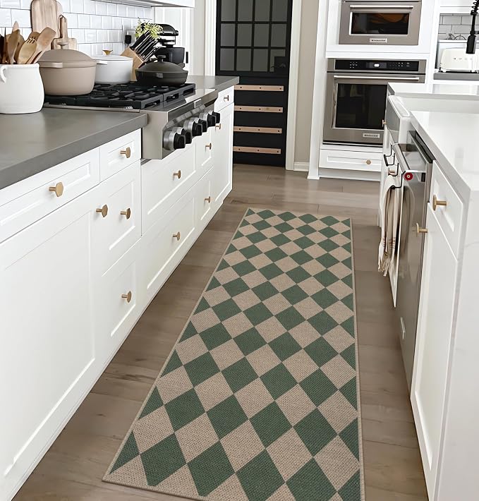 Rugalia Easy Jute Checkered Runner Rug, 2x6 Green Modern Washable Rugs Runner for Hallway Non-Slip Long Kitchen Rug, Geometric Diamond Indoor Outdoor Carpet for Porch Laundry Entryway