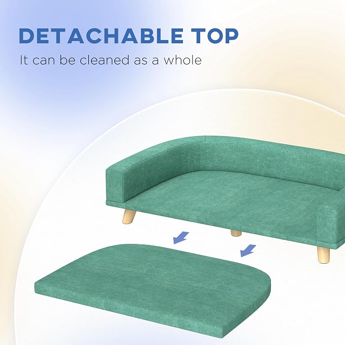 PawHut Dog Sofa Couch, Pet Bed with Comfortable Luxury Cushion, Washable Cover, Wooden Legs, Anti-Slip Mat for Large Dogs, Cats, Kittens, Green