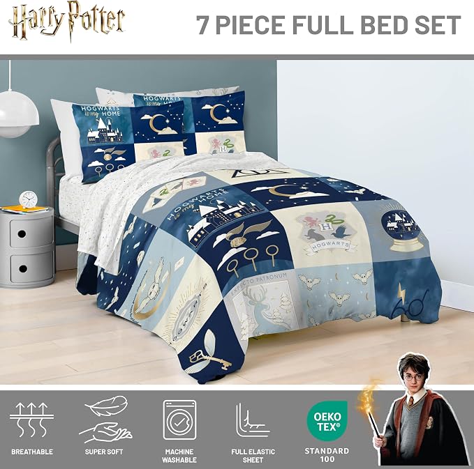 Harry Potter Full Comforter Set 7 Piece Soft Hogwarts Bedding, Multi | Fantasy, Bed in a Bag, Comforter Sheets Shams Pillowcases, Official Product, Soft Microfiber, Machine Washable, Kids Gift