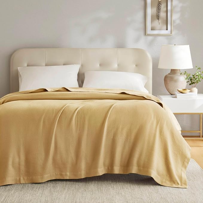 Madison Park 100% Egyptian Cotton Summer Blanket Full Queen Size Mustard | Cozy Soft Breathable Durable, Waffle Weave Woven Casual, Lightweight Knit All Season Throw for Bed Couch or Sofa, OEKO TEX